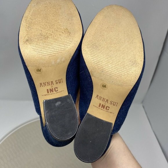 Ana Sui INC Heels 6 Denim Floral Mules Slip On Shoes Blue Beaded Pumps - Picture 9 of 12